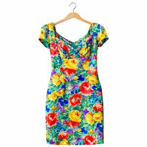 Vintage Gillian 100% Silk Floral Bodycon Dress 12 Designer Wedding Guest Mini